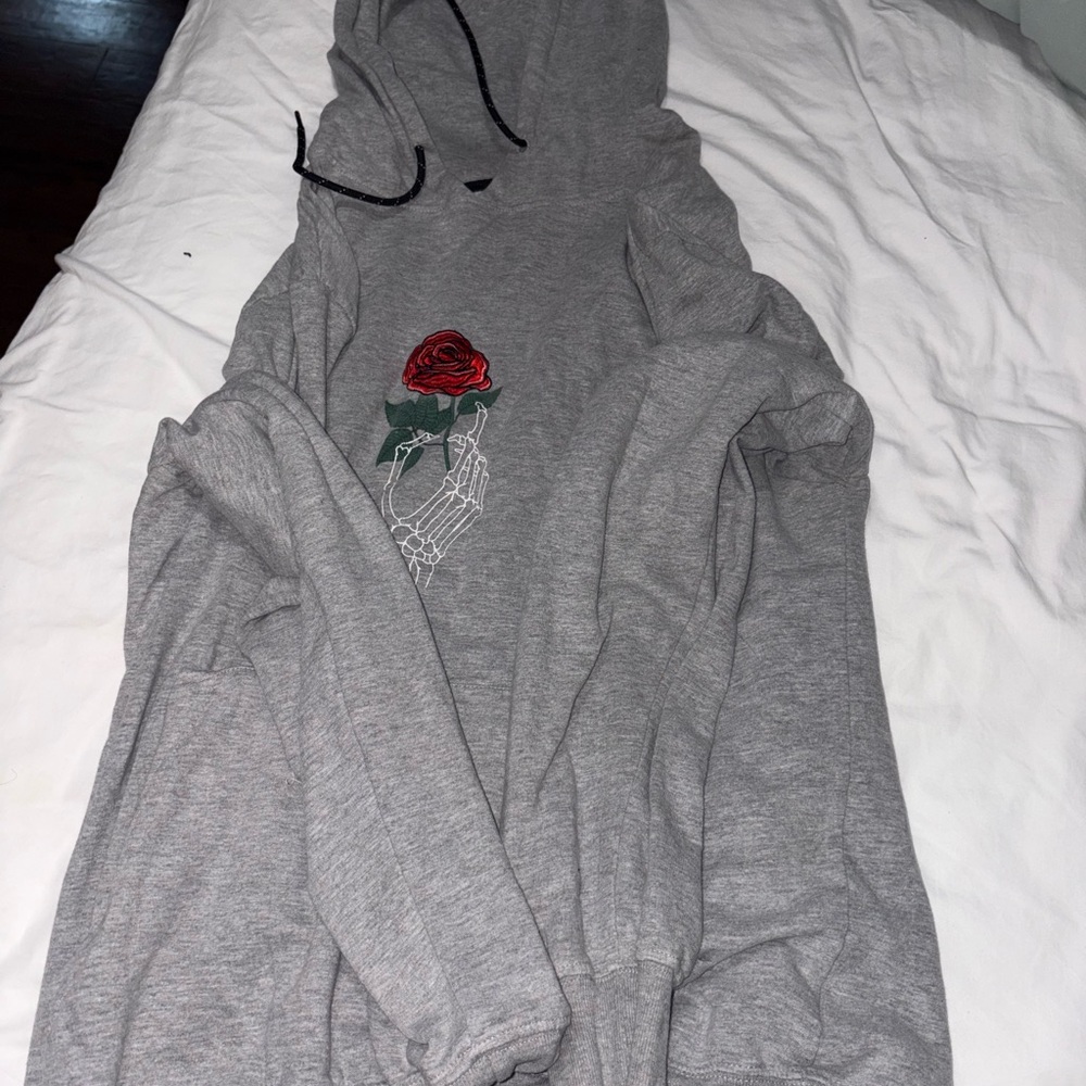 Gray Hoodie with Rose Embroidery